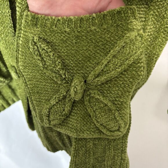 Vintage 90s Small Chenille Sweater Cardigan Peter Pan Collar Pockets Green Cozy - Picture 8 of 9
